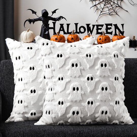 StaticPoster; DFXSZ Halloween Pillow Covers 18x18 inch Set of 2 White Ghost Throw Pillow Cases Soft Plush Faux Fur Wool Couch Cushion Case for Chair Sofa Bedroom Living Room Home Decor PTK03A18; Category:Halloween Pillows & Blankets; Image:1